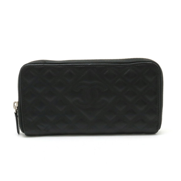 CHANEL Diamond Stitch Coco Mark Round Long Wallet Leather Black - Picture 1 of 10